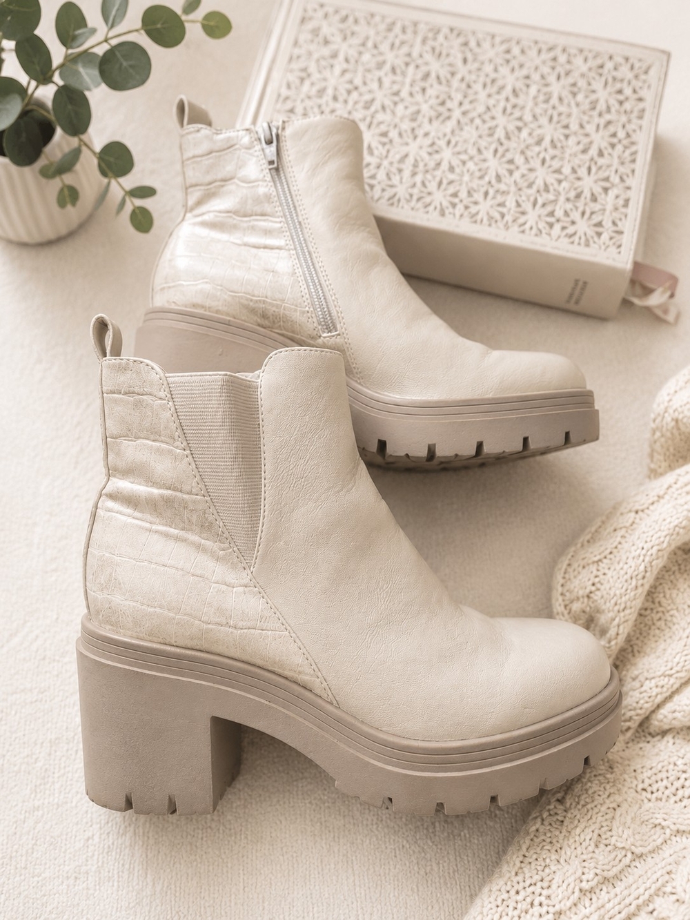 Sun + Stone Cream Platform Chelsea Heeled Booties